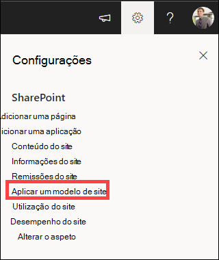 Configurações com Aplicar um modelo de site realçado.