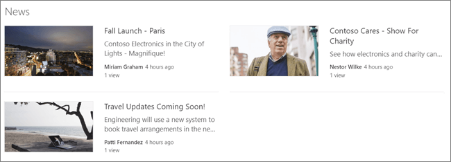 Captura de ecrã da peça Web Notícias de um site do SharePoint, onde as mensagens foram filtradas