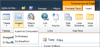 Clique no botão de imagem na faixa de opções e selecione no computador, endereço ou SharePoint.