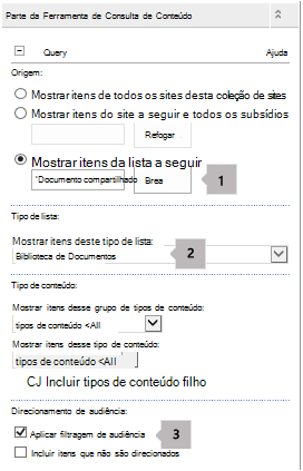 Lista de propriedades da Peça Web Consulta de Conteúdo com três notas de aviso