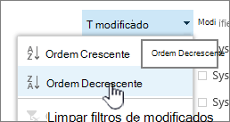 O menu de ordenação pendente num cabeçalho de coluna