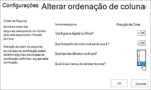 Alterar a caixa de diálogo de ordem de pergunta com dropdown em uma pergunta realçada