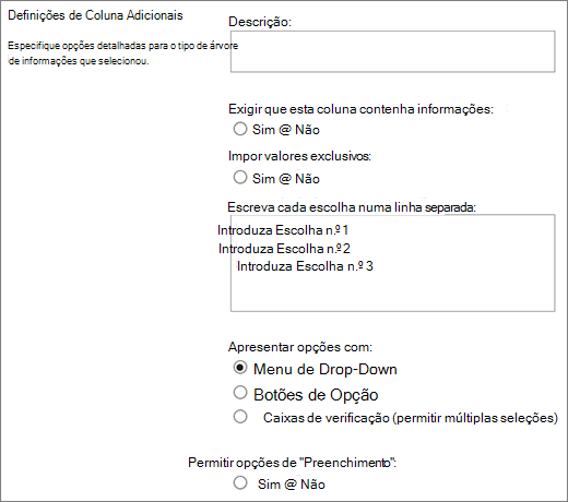 Opções para colunas Escolha