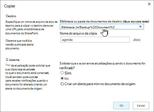 Caixa de diálogo Copiar com URL selecionada.