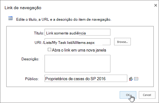 Propriedades da ligação de navegação com OK realçado.