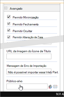 Secção avançada de propriedades de peças Web com a audiência de destino realçada