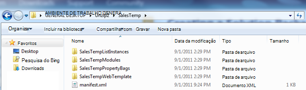 Captura de tela do Windows Explorer que mostra um Pacote de Solução da Web descompactado (.wsp).