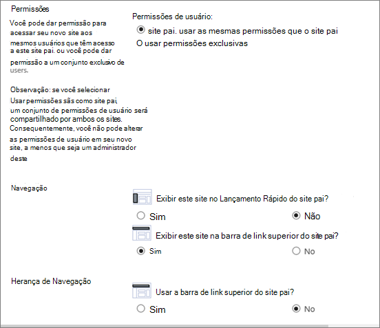 Metade inferior da caixa de diálogo Criar Site