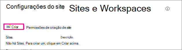 Link para criar sites na caixa de diálogo “Sites e espaços de trabalho”