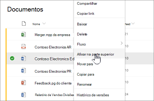 Clique em Fixar na Parte Superior para realçar um documento