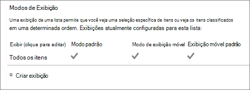 Seção de exibição de lista em Configurações de lista