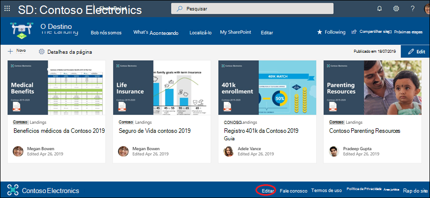 Adicione ou edite ligações e etiquetas num rodapé de site de comunicação do SharePoint.