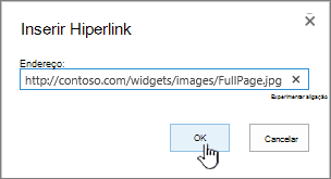 Caixa de diálogo Hiperlink com endereço Web e botão OK realçados