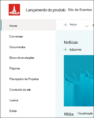 Menu esquerdo do site da equipe do SharePoint