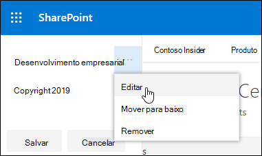 Editar a ligação ou etiqueta existente num rodapé num site de comunicação do SharePoint.