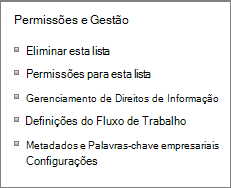 Listar permissões e links de Configurações de Gerenciamento
