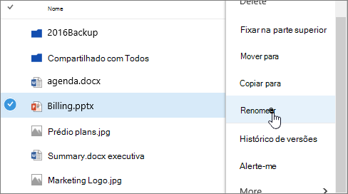 Menu De reticências com a opção Mudar o Nome realçada