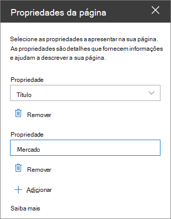 Painel de peças Web propriedades da página