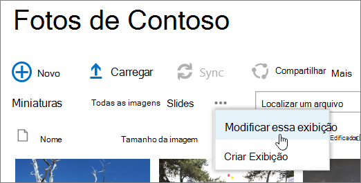 Barra de exibição da biblioteca de imagens com a opção Modificar Modo de Exibição selecionada