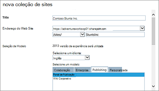 Nova parte superior da caixa de diálogo coleção de sites com o Portal de Publicação realçado