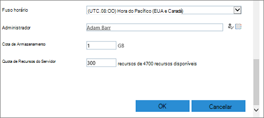 Caixa de diálogo nova coleção de sites com a seção fuso horário e cotas.