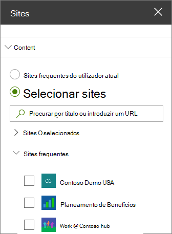 Definições da peça Web Sites