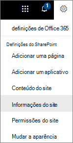 Menu Definições com Informações do site selecionadas