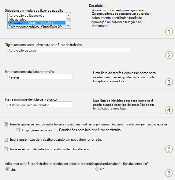 Primeira página do formulário de associação do fluxo de trabalho Recolher Comentários para configuração em todo o site com chamadas numeradas