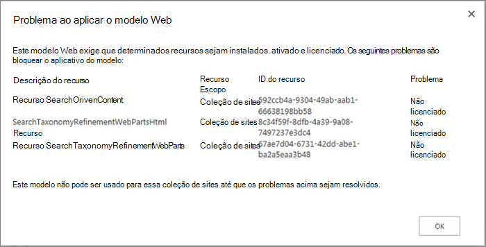 Captura de tela de uma mensagem de erro mostrando um erro que pode ser obtido se os recursos indisponíveis impedirem a criação de sites no SharePoint Online.