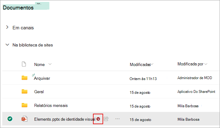 Um símbolo será exibido ao lado do arquivo do check-out.