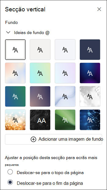 Painel de propriedades para uma seção vertical