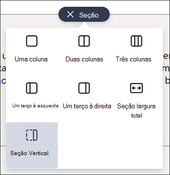 Seção vertical realçada na lista de tipos de seção