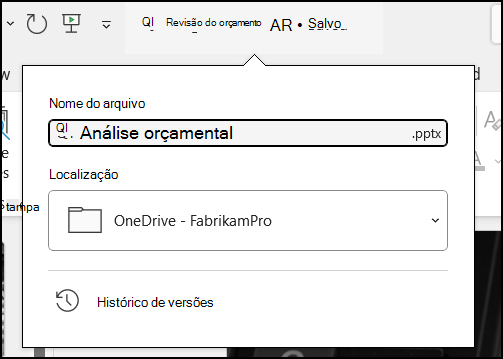 Menu suspenso do título do documento no Word para Office 365