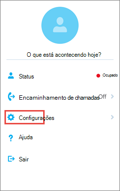 Tela inicial do Skype for Business para iOS com opção Configurações