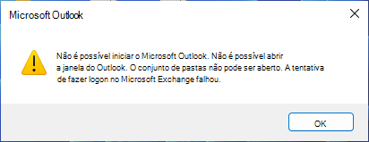 Mensagem de erro indicando que não é possível iniciar o Outlook