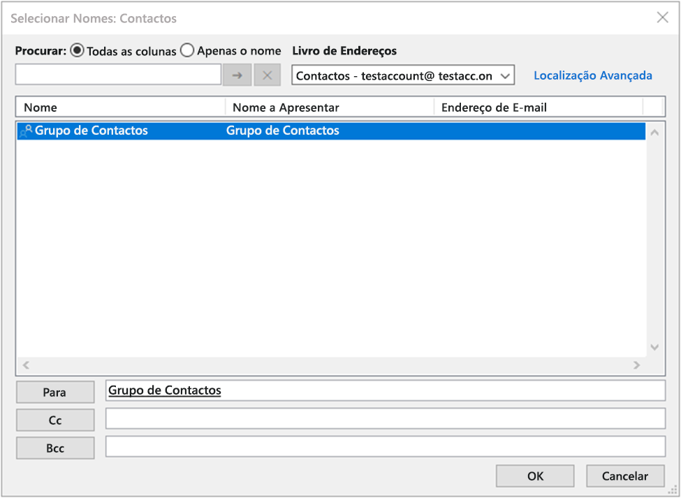 Caixa de pesquisa de contato com o nome do grupo aparecendo