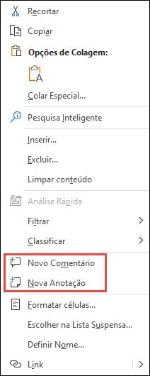 Imagem do menu de contexto do botão direito do mouse do Excel