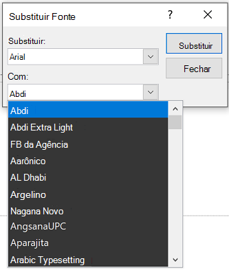 Uma imagem da caixa de diálogo Substituir Fonte do PowerPoint. A caixa suspensa Com é expandida.
