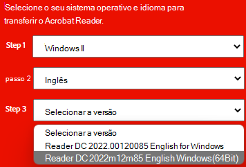 Janela mostrando a lista suspensa de versões de instalação do adobe.