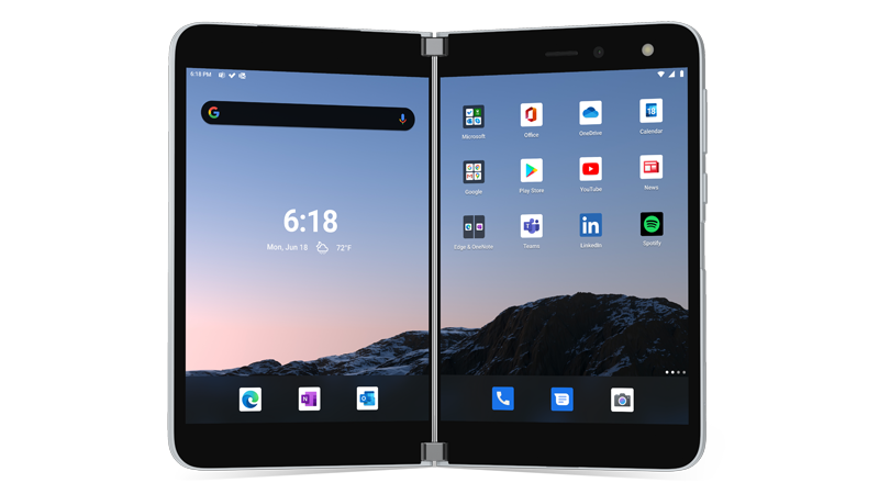 Surface Duo aberto com a tela inicial mostrando