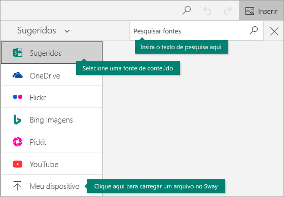 Comando Inserir e caixa de pesquisa de conteúdo