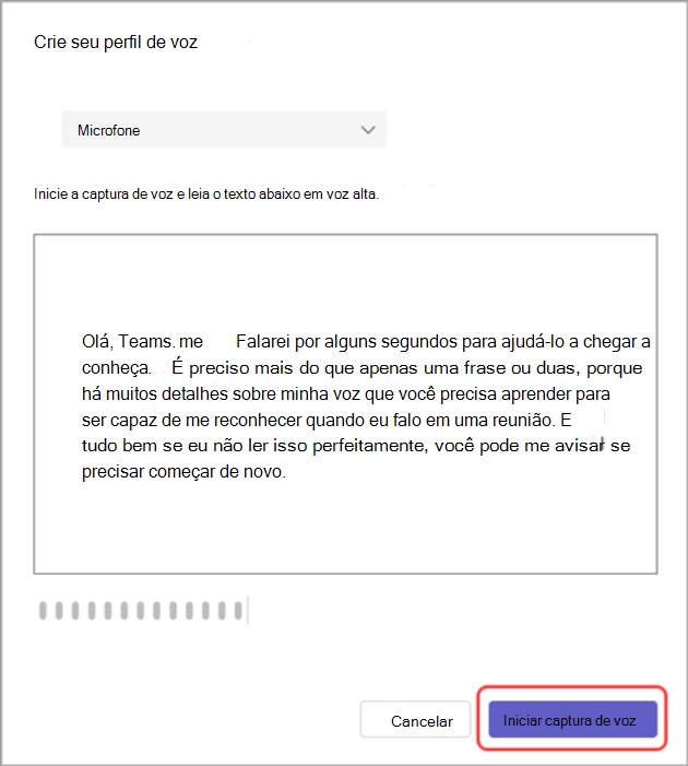 Captura de tela da caixa de diálogo Criar seu perfil de voz com o botão Iniciar captura de voz destacado.