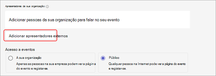 Captura de tela mostrando como adicionar apresentadores externos a um webinar