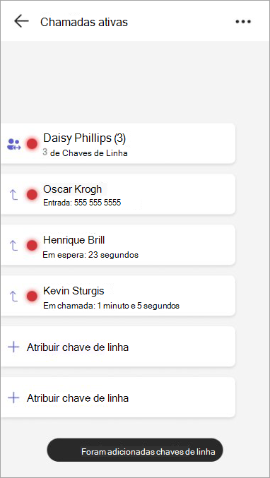 Captura de tela mostrando uma linha compartilhada que foi atribuída a uma chave de linha, os membros da linha compartilhada e sua chamada status.