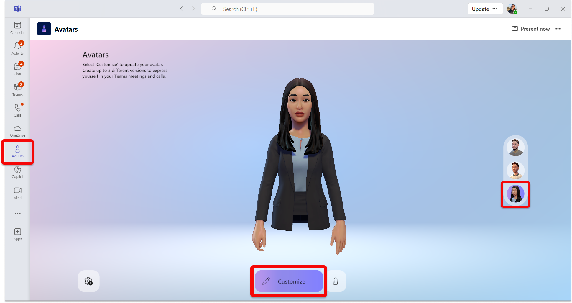Captura de tela do aplicativo avatares no Teams mostrando o aplicativo aberto com o botão personalizar realçado para indicar como iniciar o processo de personalização.