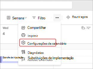 Captura de tela destacando as configurações de calendário no calendário do Teams.