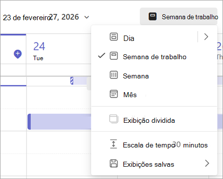 Captura de tela do menu suspenso mostrando diferentes modos de exibição de calendário no Teams.