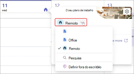 Captura de tela mostrando o menu suspenso do plano de trabalho no calendário do Teams.