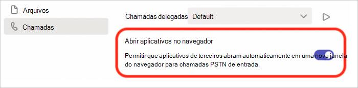 Captura de ecrã das definições para ativar ou desativar o atendimento de chamadas no pop-up do browser.