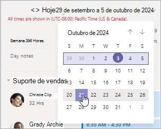 Altere o intervalo de datas na visualização Turnos da equipe.